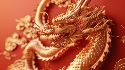 An animal from the Chinese lunar calendar. Happy Chinese New Year 2024 with the gold dragon zodiac, lanterns, a cloud, and red background. This is the design for the card.