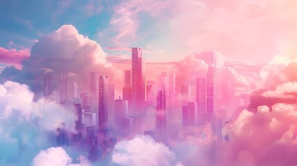 Dreamlike Emerald City Skyline Emerging from Swirling Clouds at Twilight