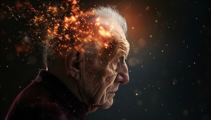 Elderly man with brain illuminated, showing signs of stroke, dementia, illness and confusion. brain dementia are checked for and analyzed in brain medicine and healthcare