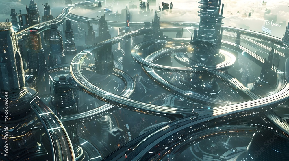 Poster Futuristic Urban Landscape with Looping Roads and Merging Structures