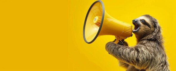 Fototapeta premium generative artificial intelligence animated sloth holding a yellow megaphone.