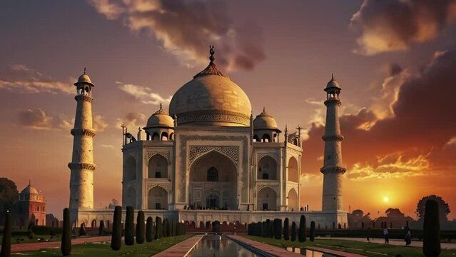 Taj Mahal at Sunset with Dramatic Clouds in Agra, India