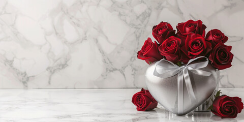 Elegant gift box in heart shape with flowers, suitable for Valentine's, Christmas, birthdays, Mother's Day, and more. Includes blank text space. Minimalist design.