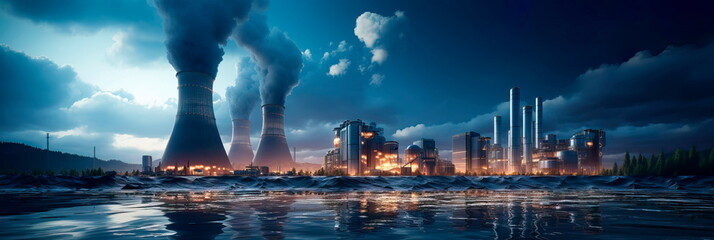 Nuclear Power Plant Exterior power plant, showcasing the reactor buildings . Generative AI
