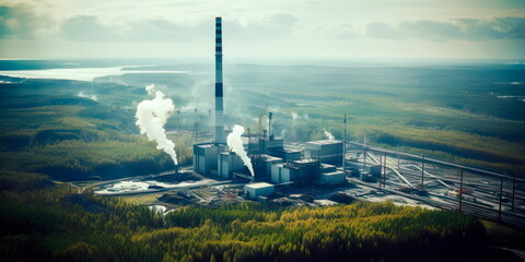 Fototapeta premium Aerial View Waste Incinerator Plant With Smoking Smoke stack . Generative AI