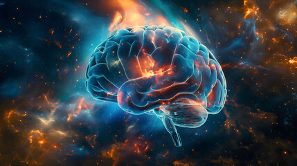 Fototapeta premium Surreal Human Brain Floating in a Mystical Colorful Nebula