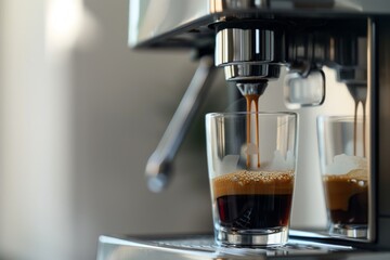Close-up of an espresso machine brewing fresh coffee into a clear glass cup, capturing the essence of morning coffee.