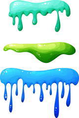Colorful dripping slime in cartoon. Mucus splashes and liquid drop. Toxic splash, sticky slimy element. Vector illustration isolated on white background