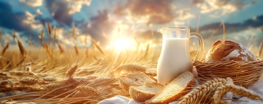composition of jar of milk bread tomatoes and wheat spikelets on blue sky and field background, rich farm harvest concept, agriculture products banner, rural landscape wallpaper