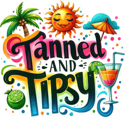 Fototapeta premium Watercolor Summer Clipart PNG with Funny Quotes: Tropical Beach Vacation Art. Summer Watercolor Clipart: Funny Quotes and Tropical Holiday Illustrations in PNG: Beach Vacation with Humorous Quotes.