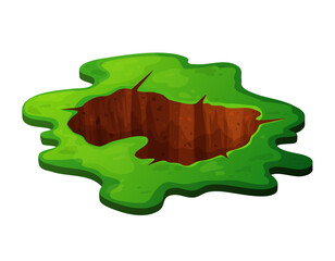 Ground pit hole in cartoon with stones and green grass. Dirty brown underground dig or mine, burrow, pile. Vector illustration isolated on white background