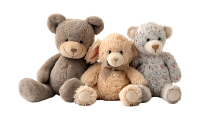 Obraz premium A Trio of Plush Friends: A Brown Bear, A Lamb, and A Floral Bear, Sitting Together on a White Background