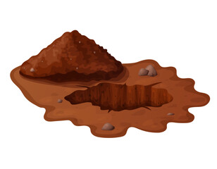 Ground pit hole in cartoon with stones and soil. Dirty brown underground dig or mine, burrow, pile. Vector illustration isolated on white background