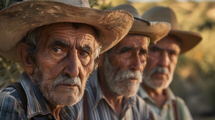 Fototapeta premium Three Elderly Men Wearing Straw Hats in Rural Setting at Sunset. Generative AI