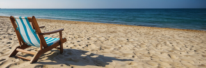 Obraz premium Sun loungers on the beach, beautiful ocean views, vacation concept.