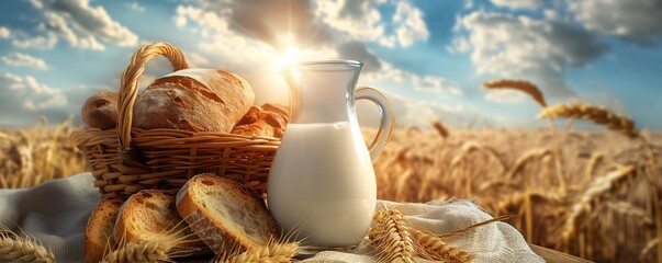 composition of jar of milk bread tomatoes and wheat spikelets on blue sky and field background, rich farm harvest concept, agriculture products banner, rural landscape wallpaper