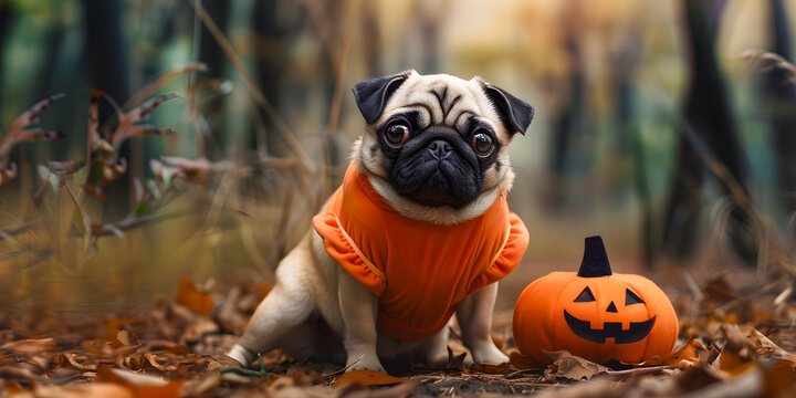 Imagen a detalle de un adorable perro pug cachorro vestido de calabaza en el bosque en hallowen