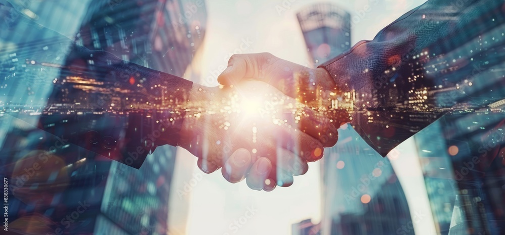 Poster a dynamic background showing businessmen shaking hands with a partner, and a modern building with fi