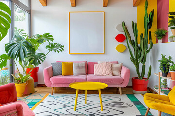 Mockup design for poster on living room. Interior style bright colors. Blank poster over the sofa