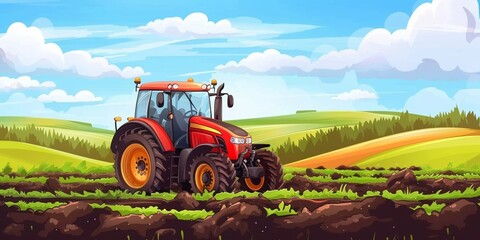 Obraz premium A red tractor working in a green agricultural field under a blue sky.