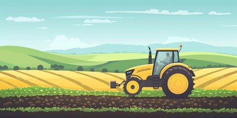 Obraz premium A tractor plowing a rural field under a blue sky in summer.