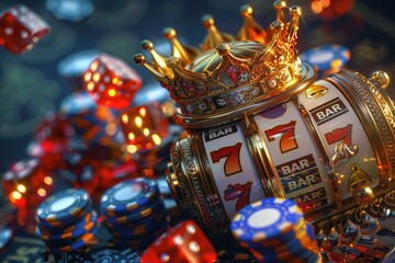 Casino slot machine crown king set card chips banner 3d render