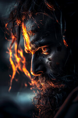 portrait of an Aghori besides in a fire place
