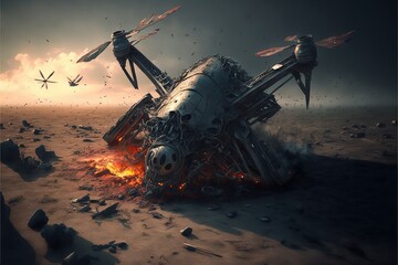 Naklejka premium Futuristic drone crash in an apocalyptic desert landscape
