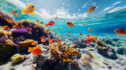 An underwater AI camera capturing the balletic movements of colorful fish darting among coral reefs just off the beach.