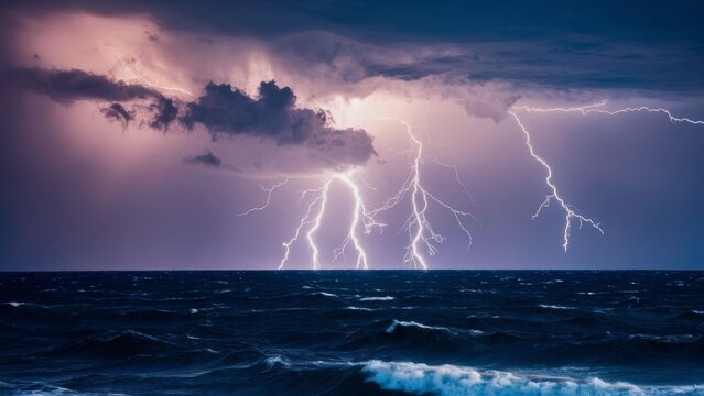 A powerful thunderstorm, unleashing its might on the boundless dark sea. The sky is riddled with bright flashes of lightning that illuminate the swirling waves and cast eerie shadows on the water.