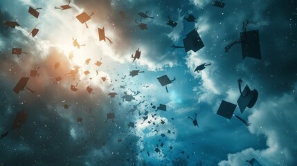 Multiple graduation caps flying high into a cloudy sky, symbolizing celebration and the ascent of academic achievements.