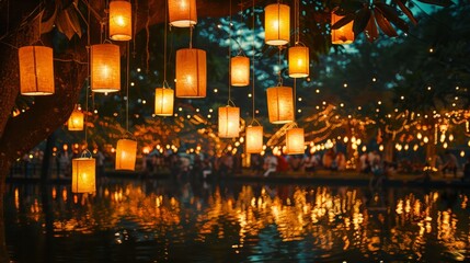 Obraz premium Festival of Lights: a mesmerizing festival of lights with glowing lanterns, festive decorations, and joyous participants,