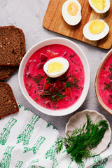Polish summer vegetable soup made from beet tops with boiled egg botwinka .