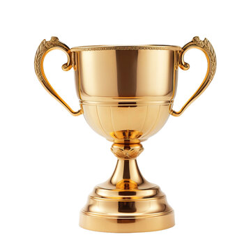 gold tropy cup with plain solid handles and a wooden base on an isolated white background