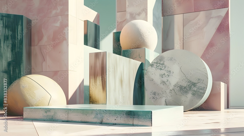 Poster visually striking abstract geometric composition with surreal shapes and textures