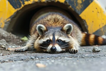 Raccoon laying low by yellow barrier - A curious raccoon stretches on the ground by a yellow construction barrier, peering forward