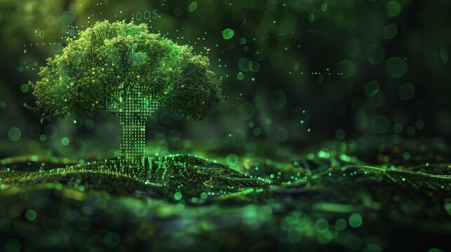 An abstract illustration of green binary code forming the shape of a tree, symbolizing eco-friendly digital data.