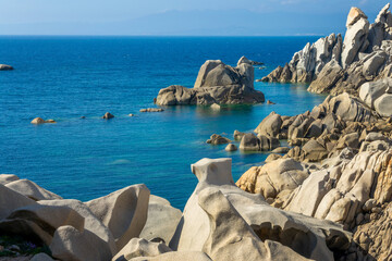 View of  the mediterranean coast and sea with beautiful rocks in Capo Testa, Sardinia landscape,...