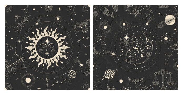 Astrology patterns. Moon, star and sun alchemy and celestial galaxy planets, esoteric cosmos mystic sketch. Occult square cover. Witchcraft mystery boho Isolated line vector background