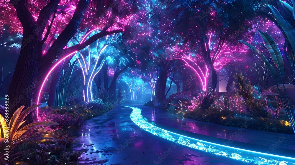 Poster Surreal Neon-Lit Enchanted Forest with Glowing Trees and Pathways
