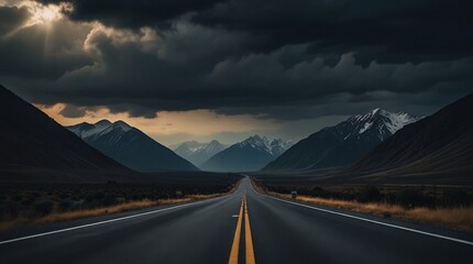 AI Generated Image of Empty Highway Leading to Snow-Capped Mountains Under Dramatic Sky
