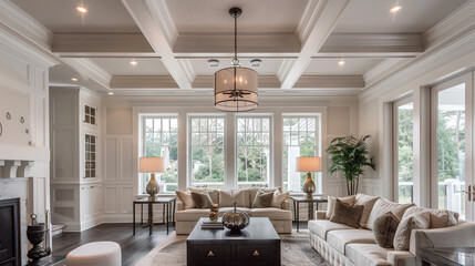 Charming living room with coffered ceiling and pendant lighting