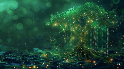 Obraz premium A vibrant green illustration featuring lines of code forming the shape of a tree, symbolizing the harmony between technology and nature.