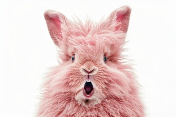 Isolated on white background, a dynamic pink Easter bunny shows off a wow expression of joy