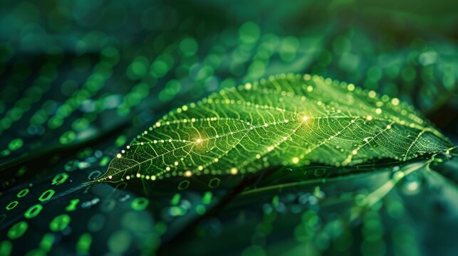 A conceptual illustration of a green binary code pattern forming the image of a leaf, emphasizing the connection between coding and the environment.