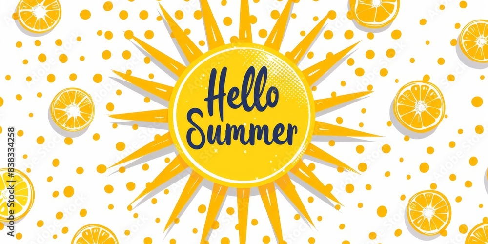 Poster yellow sun with rays and white polka dots on background, text 