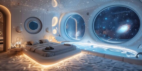 Spa in space hotel offering weightless relaxation and stellar views. Concept Space Spa, Weightless Relaxation, Stellar Views, Luxury Treatments, Extraterrestrial Experience