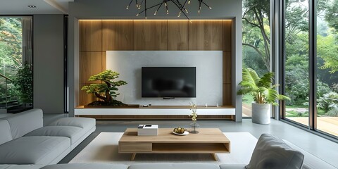 Modern living room with minimalist style interior design featuring a TV. Concept Minimalist style, Modern living room, Interior design, TV, Contemporary decor