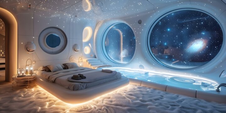 Spa in space hotel offering weightless relaxation and stellar views. Concept Space Spa, Weightless Relaxation, Stellar Views, Luxury Treatments, Extraterrestrial Experience