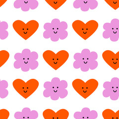 Seamless pattern with cute hearts and flowers. Simple characters with funny faces. Vector flat background